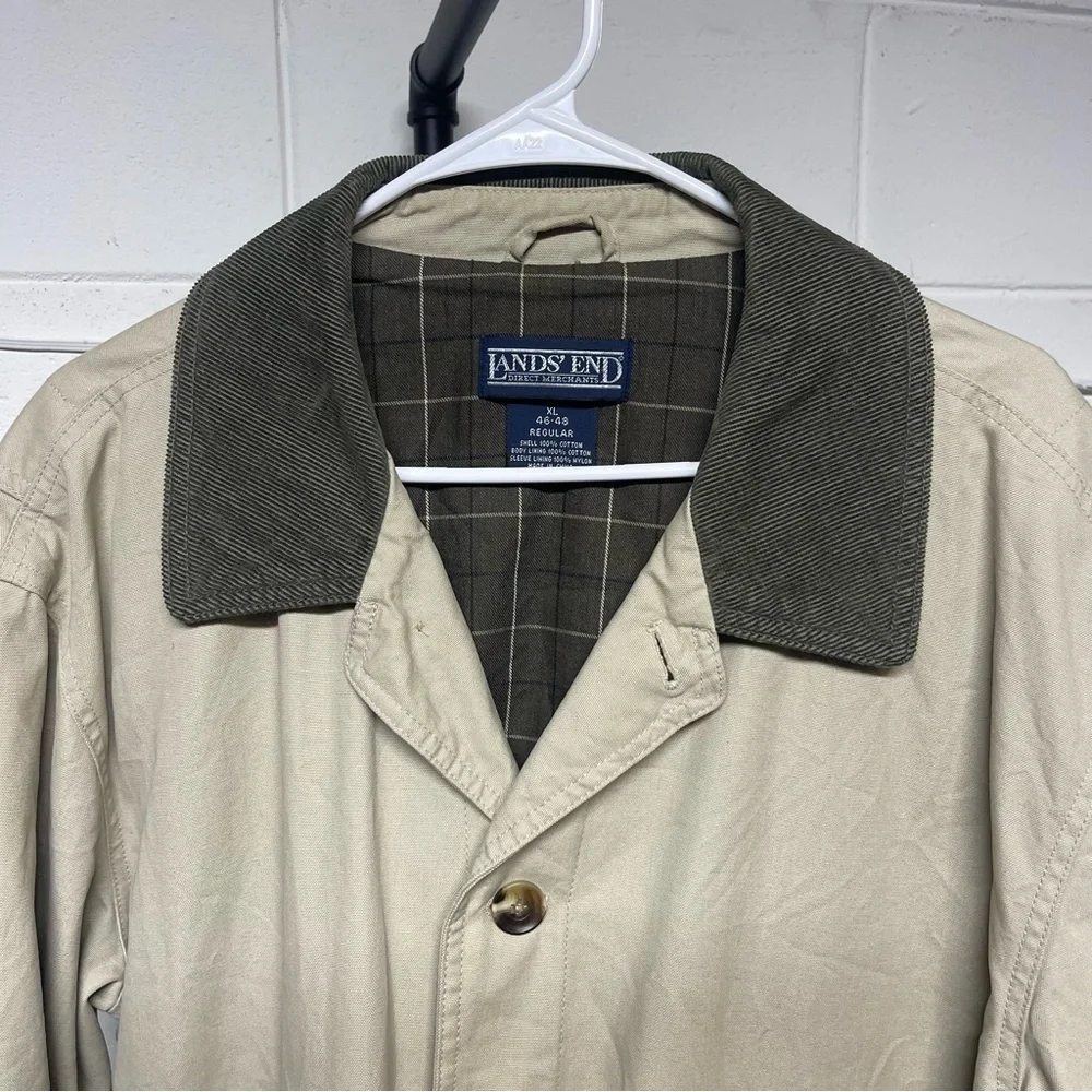 Lands’ End Tan Field Jacket Coat Corduroy Collar Plaid Lined Men’s XL 46–48 - Picture 3 of 12